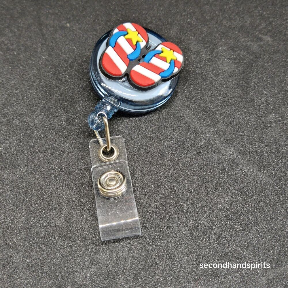 Red White Blue Flip Flops Badge Reel, Retractable Badge Holder Clip, ID Holder